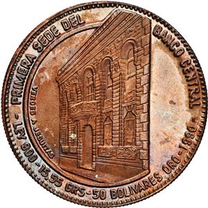 VENEZUELA, ACUÑACIÓN DE PRUEBA EN METAL BASE (COBRE) PARA 50 BOLÍVARES DE ORO, 1990, CANTO ESTRIADO EN DIAGONAL, NGC MS 65 RB
