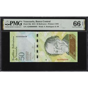 VENEZUELA. BANCO CENTRAL DE VENEZUELA. 50 BOLIVARES, 23.6.2015. P-92J. SERIAL NUMBER 8. PMG GEM UNCIRCULATED 66 EPQ.