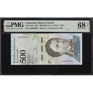 VENEZUELA. BANCO CENTRAL DE VENEZUELA. 500 BOLIVARES, 23.3.2017. P-94B. SERIAL NUMBER 8. PMG SUPERB GEM UNCIRCULATED 68 EPQ.