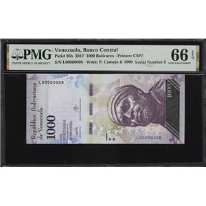 VENEZUELA. BANCO CENTRAL DE VENEZUELA. 1000 BOLIVARES, 23.3.2017. P-95B. SERIAL NUMBER 8. PMG GEM UNCIRCULATED 66 EPQ.