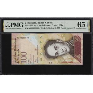 VENEZUELA. BANCO CENTRAL DE VENEZUELA. 100 BOLIVARES, 23.6.2015. P-93I. SERIAL NUMBER 8. PMG GEM UNCIRCULATED 65 EPQ.