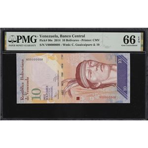 VENEZUELA. BANCO CENTRAL DE VENEZUELA. 10 BOLIVARES, 19.8.2014. P-90E. SERIAL NUMBER 8. PMG GEM UNCIRCULATED 66 EPQ.