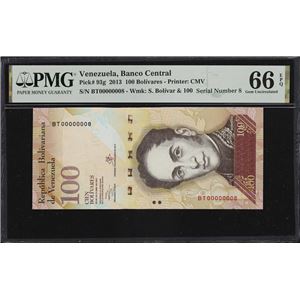 VENEZUELA. BANCO CENTRAL DE VENEZUELA. 100 BOLIVARES, 29.10.2013. P-93G. SERIAL NUMBER 8. PMG GEM UNCIRCULATED 66 EPQ.