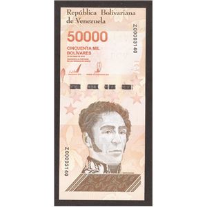REPOSICIÓN. BSS 50.000 ENERO 22 2019. BOLÍVARES SOBERANOS. SERIAL Z00003140. HILO DE SEGURIDAD ANCHO. VENEZUELA