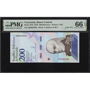 VENEZUELA. BANCO CENTRAL DE VENEZUELA. 200 BOLIVARES, 13.3.2018. P-107B. SOLID #8'S. PMG GEM UNCIRCULATED 66 EPQ.