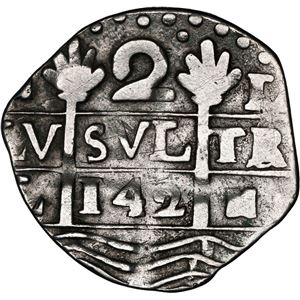 VENEZUELA, CARACAS, "COSPEL DE IMITACIÓN" 2 REALES, FECHA "142" (PRINCIPIOS DE 1800)