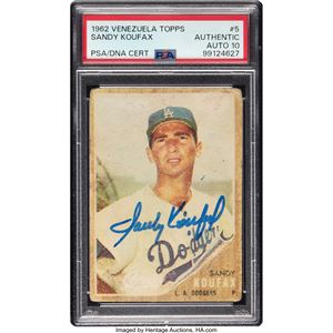 VENEZUELA SANDY KOUFAX TOPPS DE VENEZUELA DE 1962 #5 FIRMADA PSA AUTÉNTICA, PSA/DNA AUTO 10
