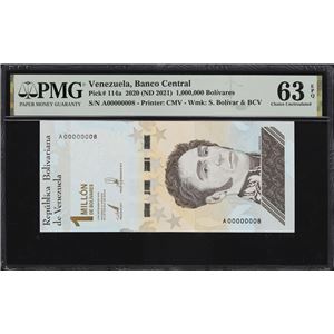 VENEZUELA. BANCO CENTRAL DE VENEZUELA. 1,000,000 BOLIVARES, 3.9.2020. P-114A. SERIAL NUMBER 8. PMG CHOICE UNCIRCULATED 63 EPQ.