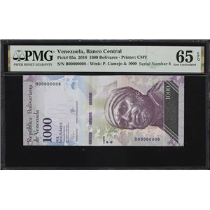 VENEZUELA. BANCO CENTRAL DE VENEZUELA. 1000 BOLIVARES, 18.8.2016. P-95A. SERIAL NUMBER 8. PMG GEM UNCIRCULATED 65 EPQ.