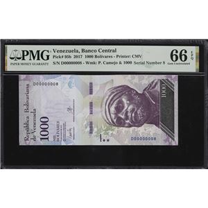 VENEZUELA. BANCO CENTRAL DE VENEZUELA. 1000 BOLIVARES, 23.3.2017. P-95B. SERIAL NUMBER 8. PMG GEM UNCIRCULATED 66 EPQ.