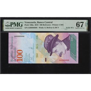 VENEZUELA. BANCO CENTRAL DE VENEZUELA. 100 BOLIVARES, 22.3.2018. P-106A. SOLID #8'S. PMG SUPERB GEM UNCIRCULATED 67 EPQ.