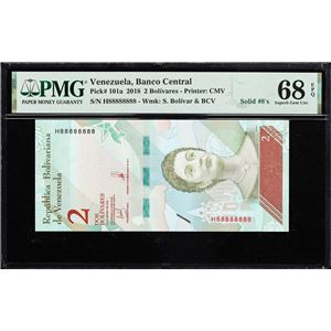 VENEZUELA. BANCO CENTRAL DE VENEZUELA. 2 BOLIVARES, 15.1.2018. P-101A. SOLID #8S. PMG SUPERB GEM UNCIRCULATED 68 EPQ.