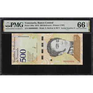 VENEZUELA. BANCO CENTRAL DE VENEZUELA. 500 BOLIVARES, 15.1.2018. P-108A. SERIAL NUMBER 8. PMG GEM UNCIRCULATED 66 EPQ.