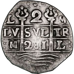 VENEZUELA, CARACAS, "COSPEL DE IMITACIÓN" 2 REALES, FECHA "281" (PRINCIPIOS DE 1800). ESCASA