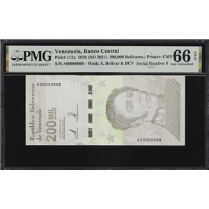 VENEZUELA. BANCO CENTRAL DE VENEZUELA. 200,000 BOLIVARES, 3.9.2020. P-112A. SERIAL NUMBER 8. PMG GEM UNCIRCULATED 66 EPQ.