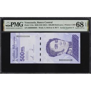 VENEZUELA. BANCO CENTRAL DE VENEZUELA. 500,000 BOLIVARES, 3.9.2020. P-113A. SERIAL NUMBER 8. PMG SUPERB GEM UNCIRCULATED 68 EPQ.