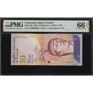 VENEZUELA. BANCO CENTRAL DE VENEZUELA. 10 BOLIVARES, 19.8.2014. P-90E. SERIAL NUMBER 8. PMG GEM UNCIRCULATED 66 EPQ.