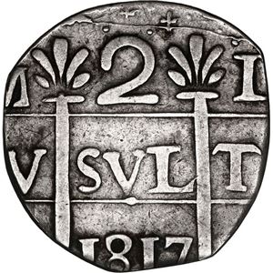 VENEZUELA, CARACAS, "COSPEL DE IMITACIÓN" 2 REALES, FECHA "1817" (PRINCIPIOS DE 1800), COSPEL REDONDO (RECORTADO)