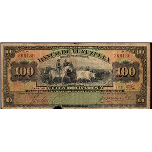 VENEZUELA. BANCO DE VENEZUELA. 100 BOLÍVARES, 26.8.1936. P-S293. GOOD