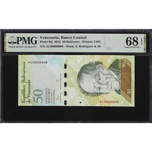 VENEZUELA. BANCO CENTRAL DE VENEZUELA. 50 BOLIVARES, 23.6.2015. P-92J. SERIAL NUMBER 8. PMG SUPERB GEM UNCIRCULATED 68 EPQ.