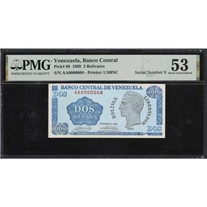 VENEZUELA. BANCO CENTRAL DE VENEZUELA. 2 BOLIVARES, 5.10.1989. P-69. SERIAL NUMBER 8. PMG ABOUT UNCIRCULATED 53.