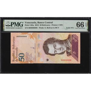VENEZUELA. BANCO CENTRAL DE VENEZUELA. 50 BOLIVARES, 15.1.2018. P-105A. SOLID #8'S. PMG GEM UNCIRCULATED 66 EPQ.