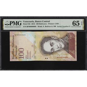 VENEZUELA. BANCO CENTRAL DE VENEZUELA. 100 BOLIVARES, 23.6.2015. P-93I. SERIAL NUMBER 8. PMG GEM UNCIRCULATED 65 EPQ.