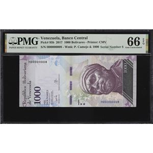 VENEZUELA. BANCO CENTRAL DE VENEZUELA. 1000 BOLIVARES, 23.3.2017. P-95B. SERIAL NUMBER 8. PMG GEM UNCIRCULATED 66 EPQ.