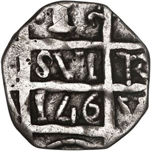 VENEZUELA, BARINAS (CAUJARAL), "MACUQUINA DE IMITACIÓN" 1 REAL ("CHIPI-CHIPI"), FECHA "146" (APROX. 1817)