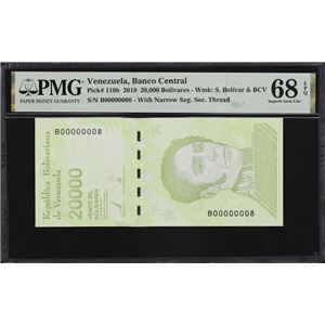 VENEZUELA. BANCO CENTRAL DE VENEZUELA. 20,000 BOLIVARES, 22.1.2019. P-110B. SERIAL NUMBER 8. PMG SUPERB GEM UNCIRCULATED 68 EPQ.