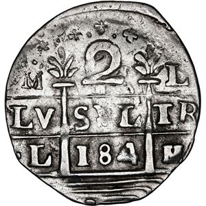 VENEZUELA, CARACAS, "COSPEL DE IMITACIÓN" 2 REALES, FECHA "184" (PRINCIPIOS DE 1800)