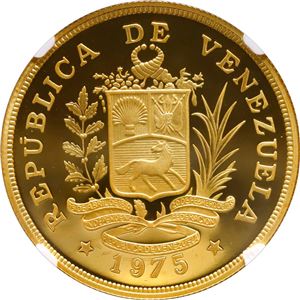VENEZUELA, CECA DE LONDRES O LLANTRISANT, PRUEBA DE ORO DE 1000 BOLÍVARES, 1975, GALLITO DE LAS ROCAS