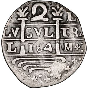 VENEZUELA, CARACAS, "COSPEL DE IMITACIÓN" 2 REALES, FECHA "184" (PRINCIPIOS DE 1800)