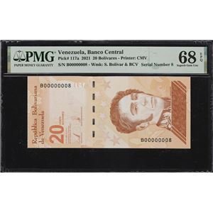 VENEZUELA. BANCO CENTRAL DE VENEZUELA. 20 BOLIVARES, 29.4.2021. P-117A. SERIAL NUMBER 8. PMG SUPERB GEM UNCIRCULATED 68 EPQ.