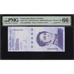 VENEZUELA. BANCO CENTRAL DE VENEZUELA. 500,000 BOLIVARES, 3.9.2020. P-113A. SOLID #8'S. PMG GEM UNCIRCULATED 66 EPQ.