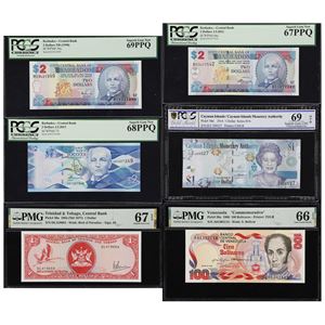 LOTES MIXTOS. LOTE DE (6). BARBADOS, ISLAS CAIMÁN, TRINIDAD Y TOBAGO, & VENEZUELA. BANCOS MIXTOS. 1, 2 DÓLARES & 100 BOLÍVARES