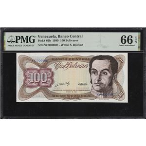 VENEZUELA. BANCO CENTRAL DE VENEZUELA. 100 BOLIVARES, 16.3.1989. P-66B. PMG GEM UNCIRCULATED 66 EPQ.