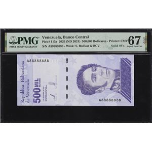 VENEZUELA. BANCO CENTRAL DE VENEZUELA. 500,000 BOLIVARES, 3.9.2020. P-113A. SOLID #8'S. PMG SUPERB GEM UNCIRCULATED 67 EPQ.