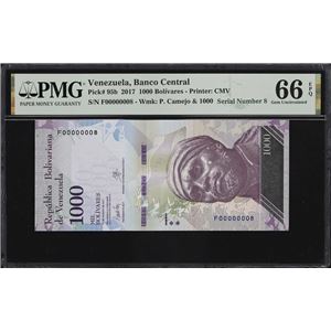 VENEZUELA. BANCO CENTRAL DE VENEZUELA. 1000 BOLIVARES, 23.3.2017. P-95B. SERIAL NUMBER 8. PMG GEM UNCIRCULATED 66 EPQ.