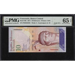 VENEZUELA. BANCO CENTRAL DE VENEZUELA. 10 BOLIVARES, 5.2.2011. P-90C. SOLID #8'S. PMG GEM UNCIRCULATED 65 EPQ.