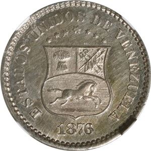 VENEZUELA, CECA DE FILADELFIA, 1 CENTAVO DE CUPRONÍQUEL, 1876, ACABADO ESPEJO, NGC MS 63