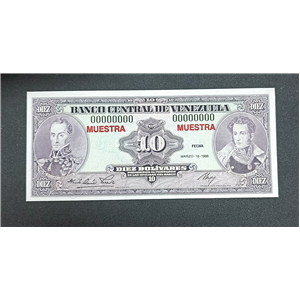 ESPÉCIMEN. BS 10 MARZO 18 1986. MUESTRA EN ROJO. CON FIRMAS. SERIAL 00000000. VENEZUELA