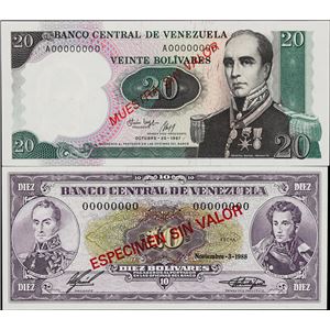 VENEZUELA. LOTE DE (2). BANCO CENTRAL DE VENEZUELA. 10 & 20 BOLÍVARES, 1987-88. P-68S & 71S. ESPECÍMENES. SIN CIRCULAR